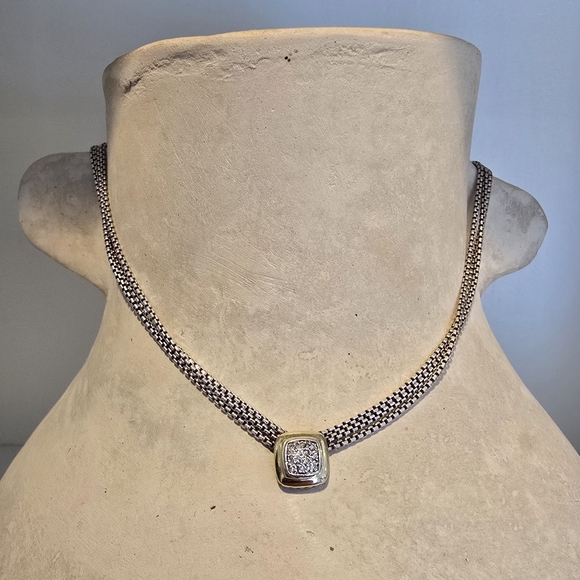 David Yurman 18K Gold & Sterling Silver Pave Diamond Pendant Box Chain Necklace - Picture 3 of 9